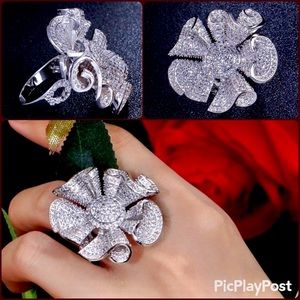 Gorgeous Micro Pave Crystal CZ 3D Flower Ring